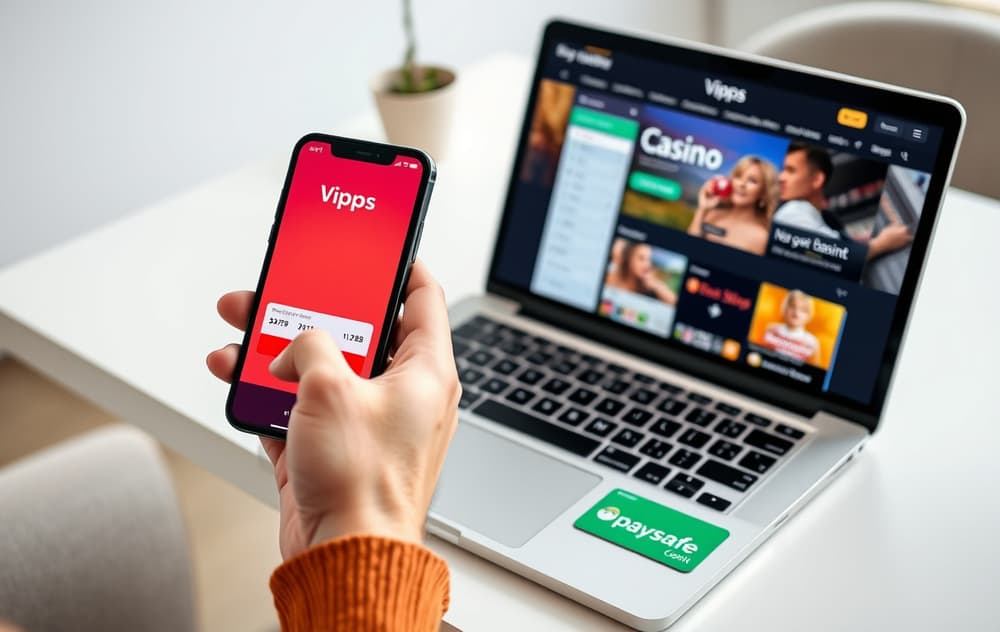 Person med Vipps-app på mobil og Paysafe-kort ved siden av laptop med casino-nettside