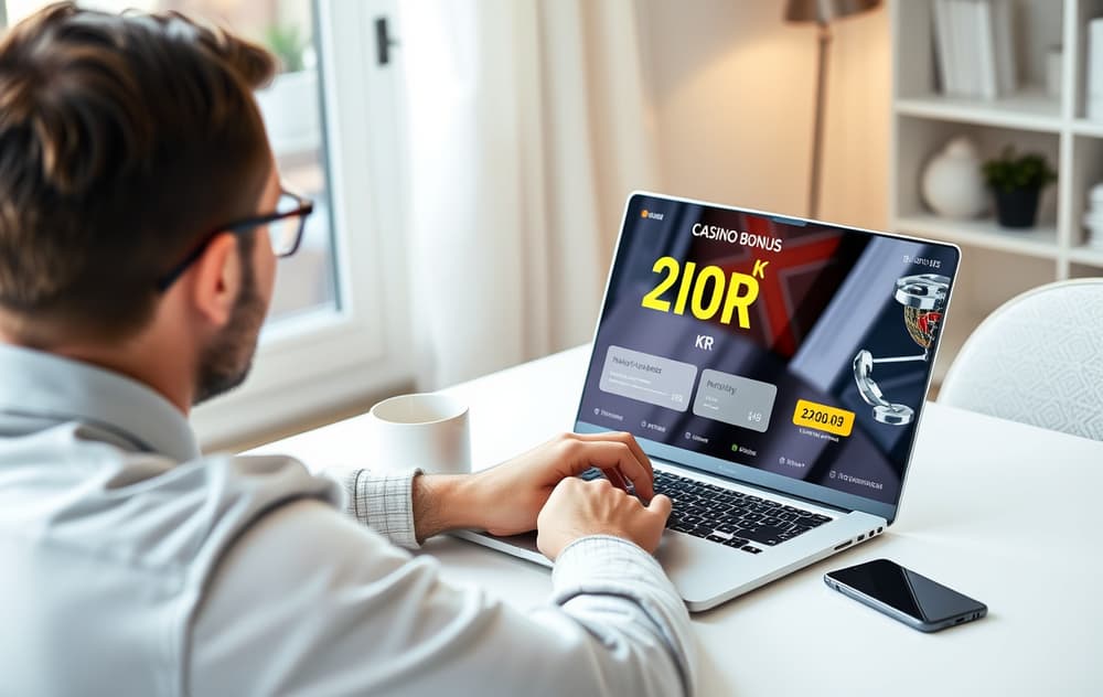 Person som ser på en 200 kr gratis bonus på en bærbar PC, med kaffe og mobiltelefon.