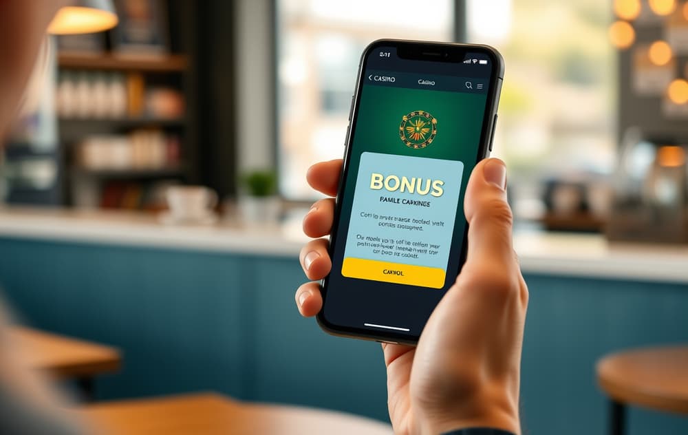 Person som holder en mobiltelefon med en casino bonusmelding på skjermen, i en kafé