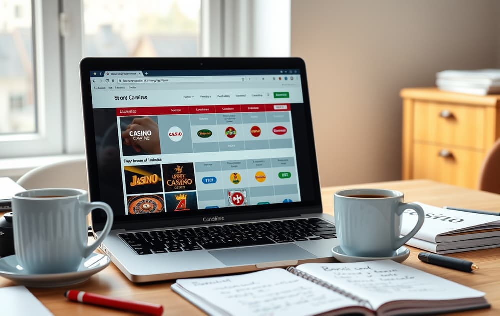 Sammenligne casinoer på en bærbar PC med notater og kaffekopp